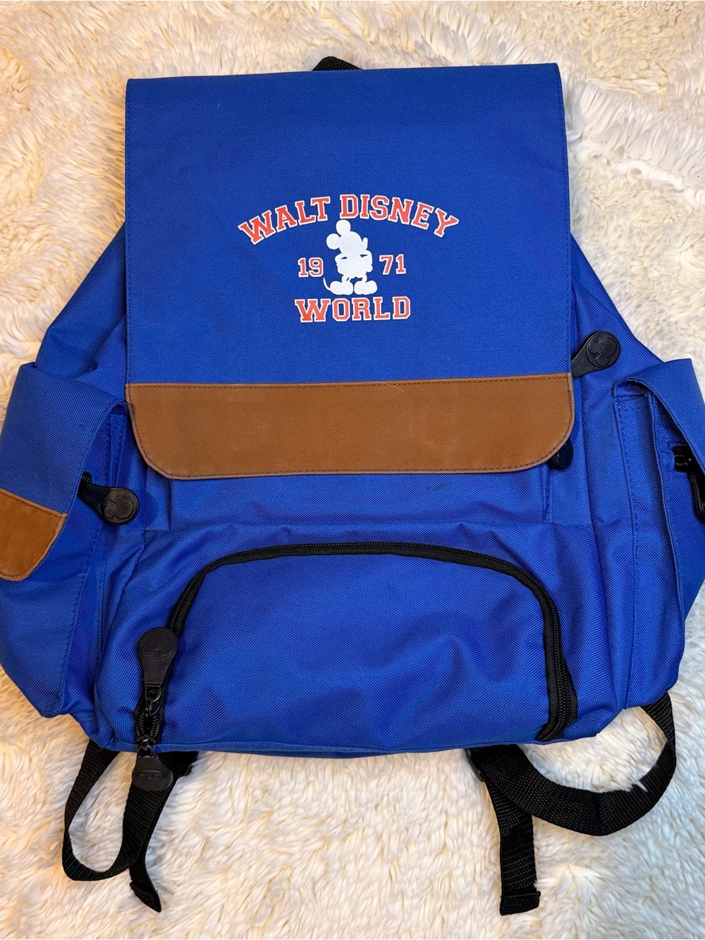 Disney Blue Backpack with Brown Trim and Retro Walt Disney World Patch